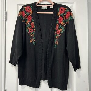 Vintage Embroidered Floral Cardigan Black Grandmacore Cottagecore Sweater Large